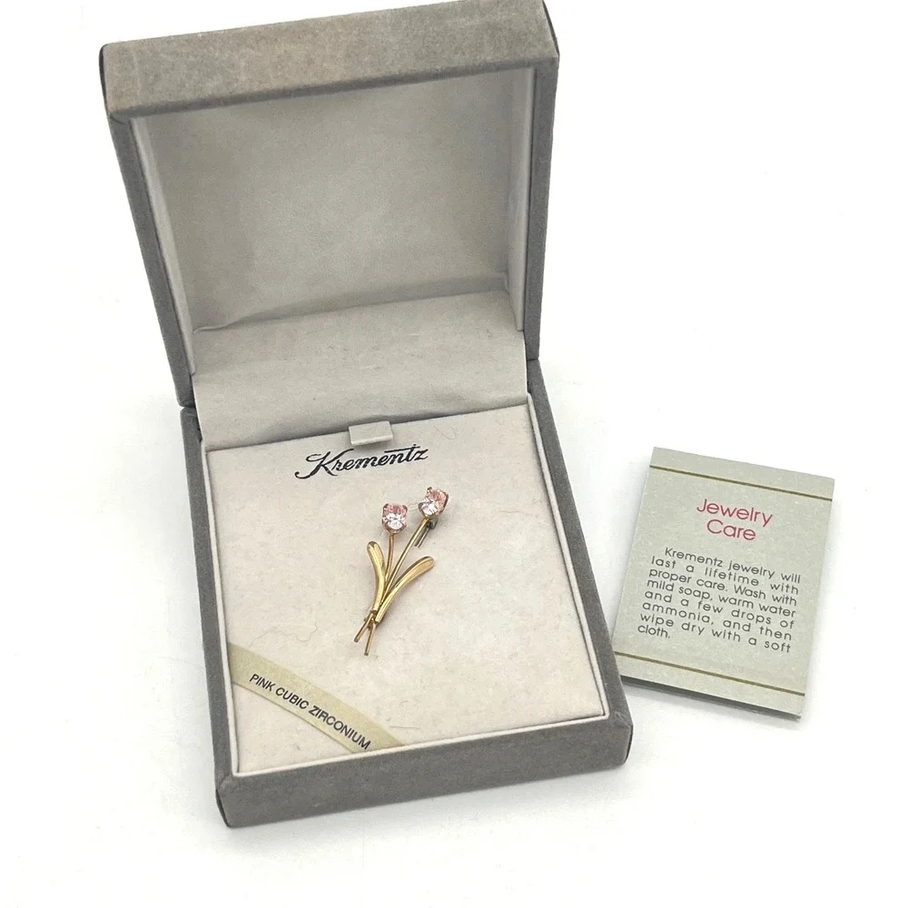 Krementz 14k Gold Overlay Pink Cubic Zirconia Flower‎ Floral Brooch Pin 4809PZ